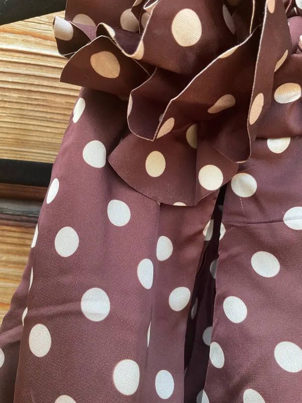 IEENA FOR MAC DUGGAL Size 10 Brown Polka Dot A-Line Halter Gown Rosette FLAWS - Image 10