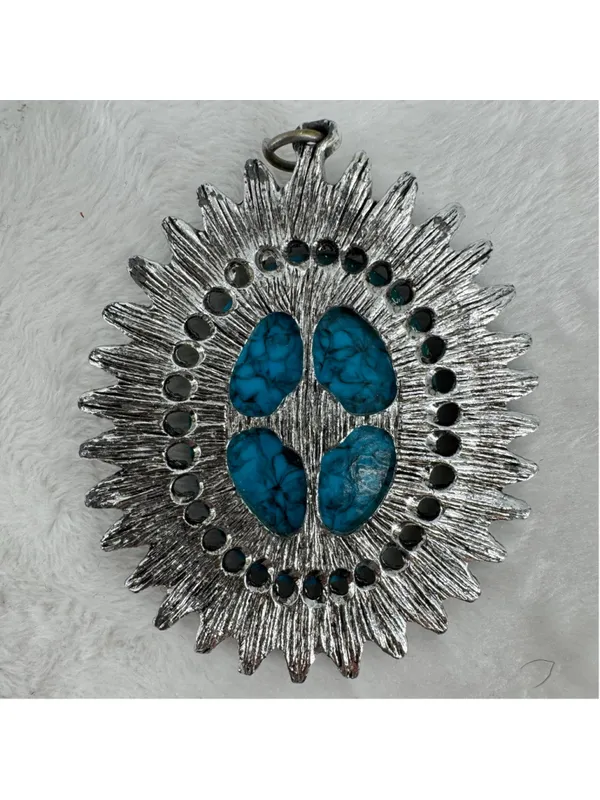 Vintage Silver Tone and Turquoise Pendant Large Oval Southwestern Western - Image 3