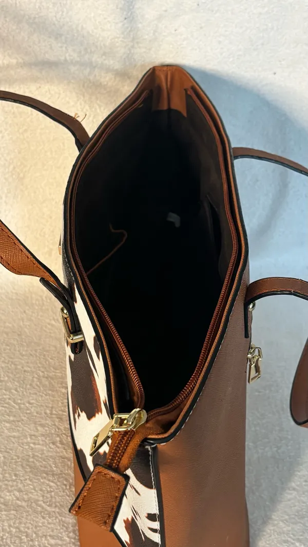 Elin & Paul Tote Bag/Brown Cowhide Print PU Leather Shoulder Bag - Image 4