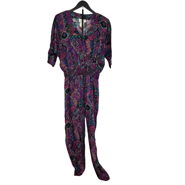 VTG En Focus Geometric Jumpsuit Purple L Rayon Southwestern Boho 90s USA Made - Image 3