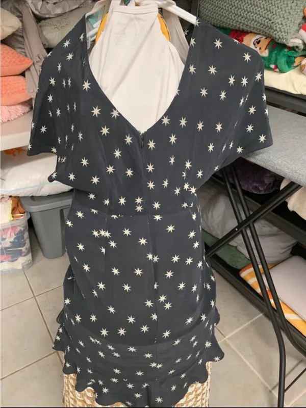 NWOT Pam & Gela Black & White Star Print Washed 100% Silk Flutter Sleeve Dress 6 - Image 10