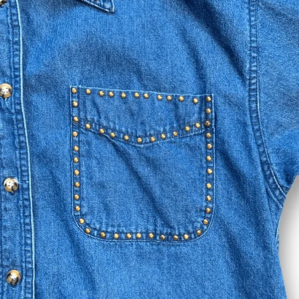 Vintage Studded Denim Western Shirt Medium Blue 90s Boho Festival‎ Cowgirl Top - Image 8
