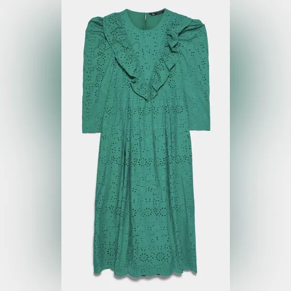 ZARA Broderie‎ Anglaise Cutwork Embroidered Eyelet Ruffle Midi Dress Green Sz XS - Image 12