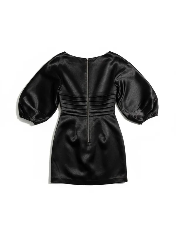 h:ours Cristiano Black Satin‎ Mini Dress Ballon Sleeves Size Small EUC - Image 3