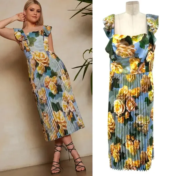 Chi Chi London Floral Print Ruffle‎ Pleated Midi Dress in Blue Curve US 16 - Image 2