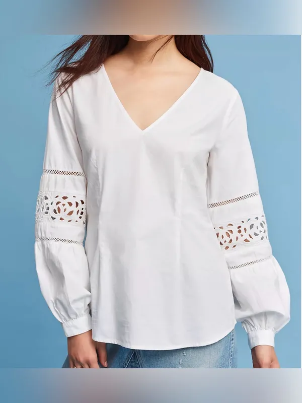 Maeve Anthropologie White Cotton Lace Cutout Sleeve V Neck Blouse Size 6‎ - Image 8