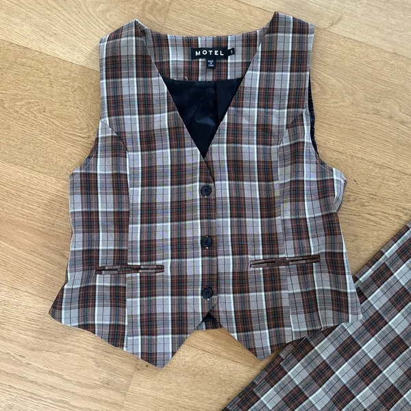 Motel Rocks X Olivia Neill Hondra Trousers & Vistana Vest Checks Size S Brown Gray - Image 2