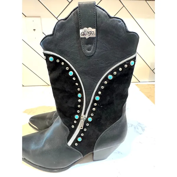 Dingo black suede leather cowboy boots silver zipper turquoise stud accents sz 7 - Image 2