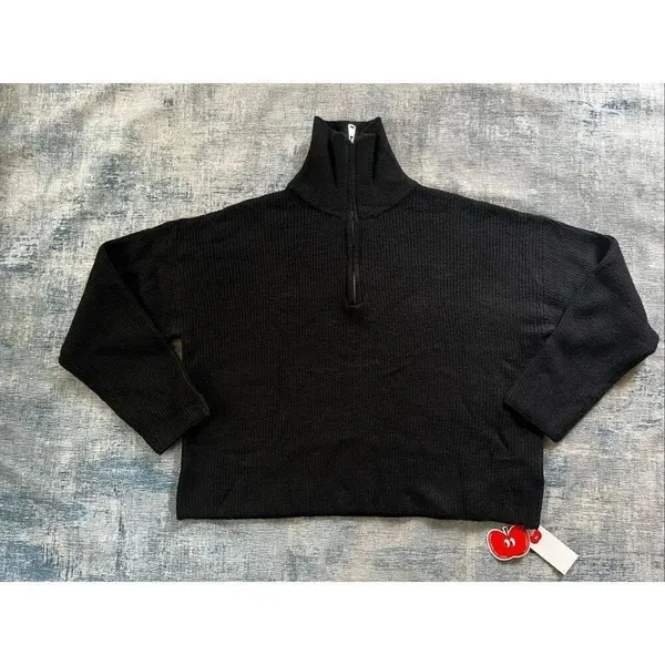 NWT! Cider Black Ribbed Knit Zip Mock Neck Cropped Sweater Large - Image 2