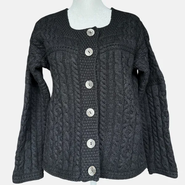 Aran Crafts 100% Merino Wool Cable‎ Knit Cardigan Black Button Up Cardigan Sz M - Image 2