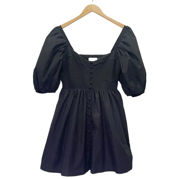 Anthropologie Maeve Puff-Sleeved Cotton Sweetheart Mini Dress Black Size Medium - Image 2