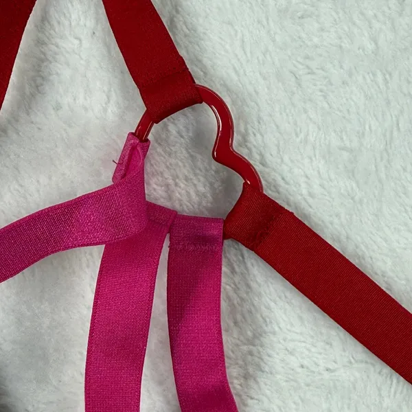 Victoria's Secret‎ Very Sexy Low Cut Demi Bra Red Pink Heart Strappy Satin Large - Image 2