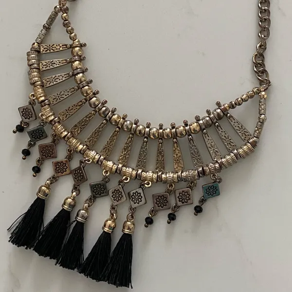 Free People Y2k festival boho goth fringe tassel statement necklace silver black - Image 6