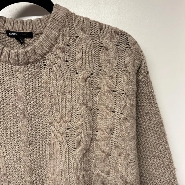 MNG Mango Mock Neck Tan Wool Blend Cable Knit Sweater Womens Size XS Oversized - Image 3