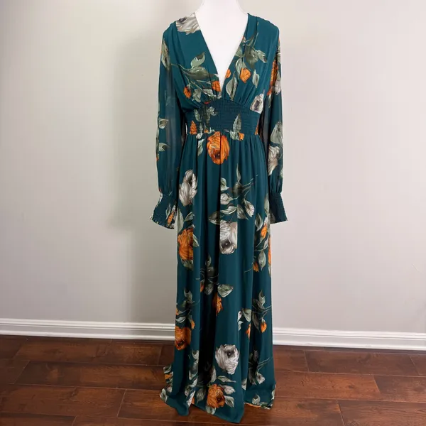 Baltic Born Olivia Teal Green Floral Smocked V-Neck Maxi Dress Long Sleeve 2XL - Image 4