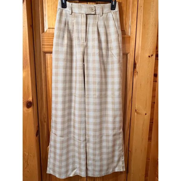 Princess Polly Archer‎ Plaid Wide Leg Trousers Pants Beige Tan Cream Women Sz 4 - Image 4