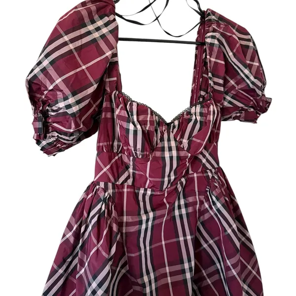 Anthropologie Maeve Red Tartan Plaid Puff Sleeve Mini Dress - Image 5