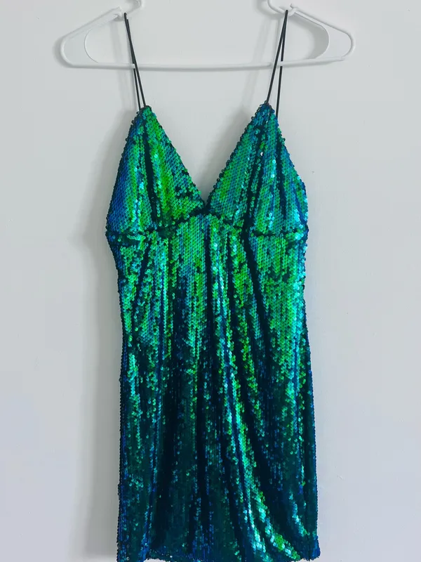 Lulus Y2K Green Blue Sequin Mini Dress S Party 2000s - Image 2