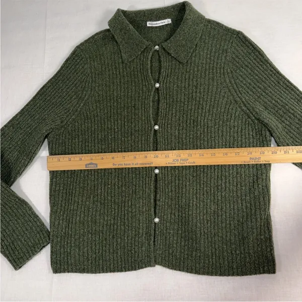 Abercrombie & Fitch Womens Ribbed Polo Cardigan Pearl Button Green Wool Blend L - Image 9