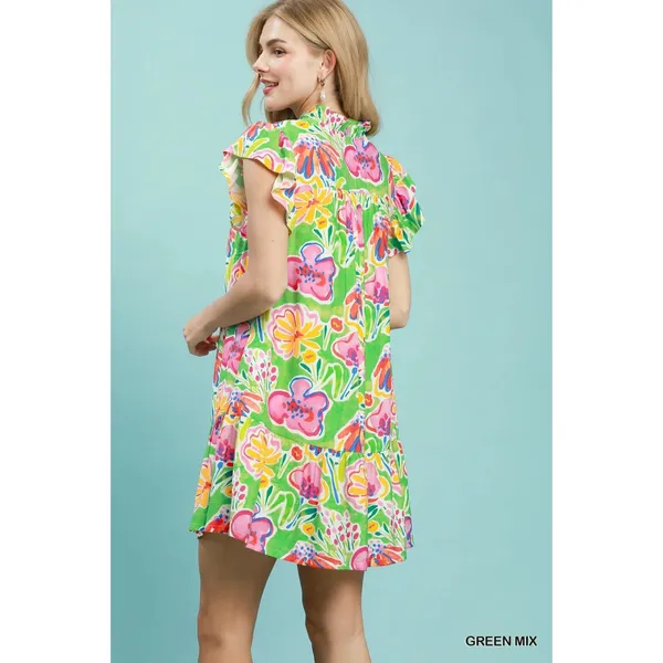 Umgee Floral Ruffle Mini Dress - Green Mix - Small - Image 3