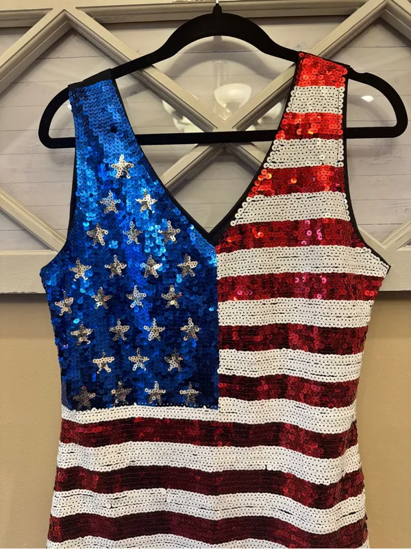 American Flag Sequin Dress V-Neck Sleeveless USA Patriotic Glitter Tank Dress Lg - Image 2