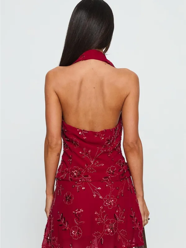Princess Polly Twilight Zone Beaded Cowl Neck Top Red 0 - Image 4