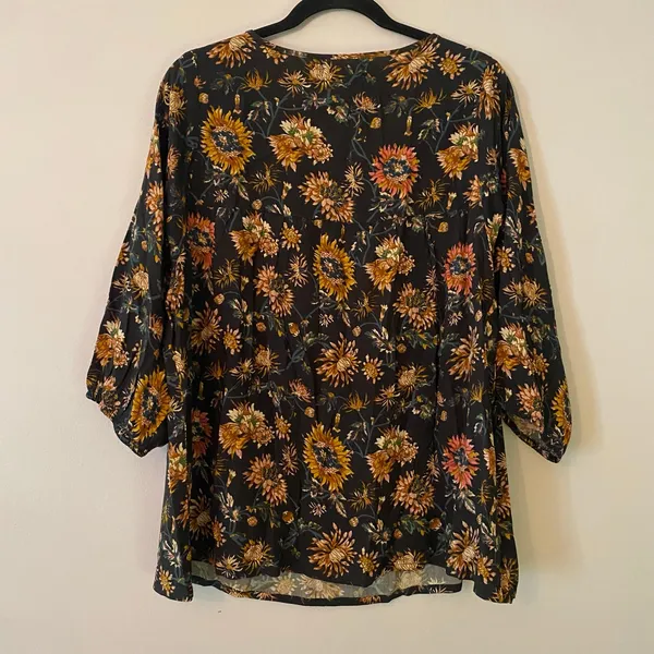 Natural Life Navy Orange Floral Peasant Blouse 3/4 Sleeve Boho Women size Large - Image 5