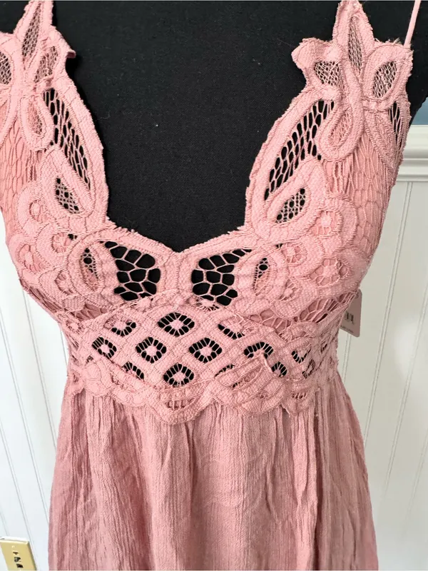 NWT Free People Adella Slip Lace short Dress Plunging Neckline Pink Rose ~ Small - Image 7