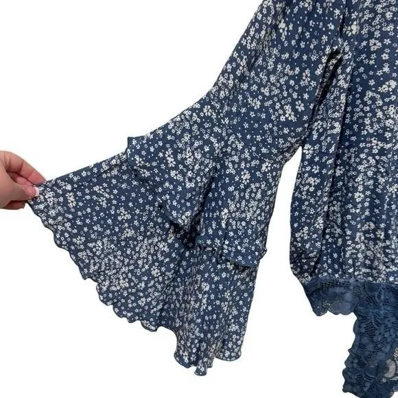 Free People Ditsy Floral Lace Bell Ruffle Sleeve Bodysuit Fairy Whimsical S - Image 4