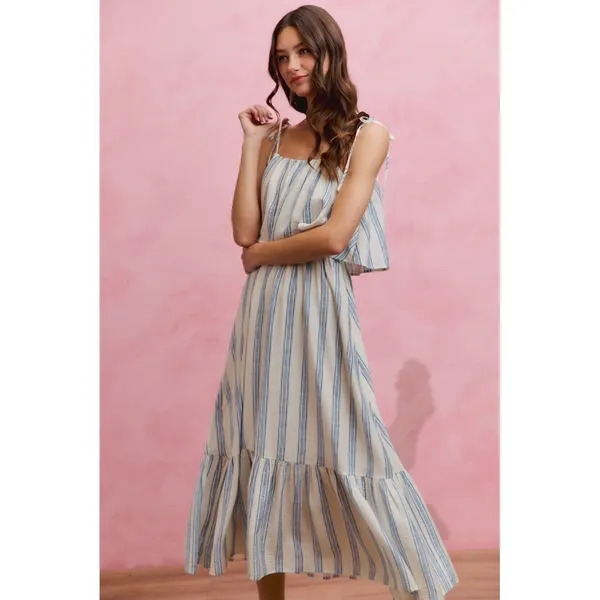SO ME Stripe Tiered Shoulder Tie Midi Lined Dress - Medium - Image 7