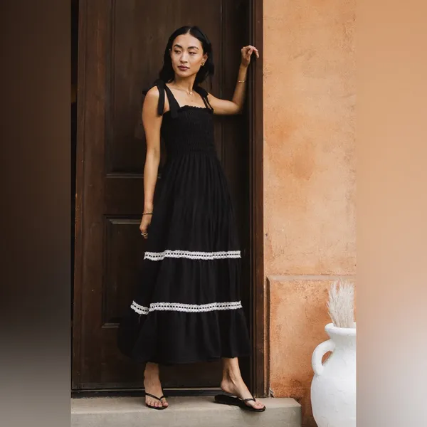 NWT Signify Black Smocked Maxi Dress Coquette Boho Ribbon & Lace Tiered Sundress - Image 3