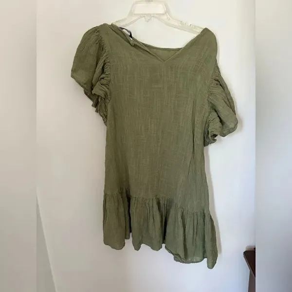 Zara Green Crinkle Gauze Puff Sleeve Ruffle Mini Dress Size M - Image 8