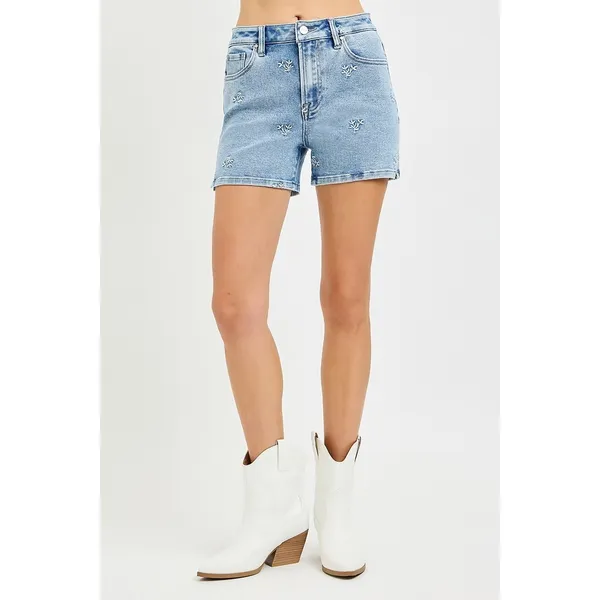 RISEN High Rise Denim Shorts‎ with Embroidered Detail - Medium - Image 6