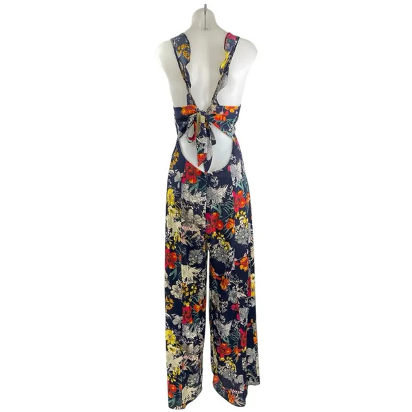 Endless Summer Multicolor Floral Sleeveless Plunge Neck Wide Leg Jumpsuit Sz M - Image 4