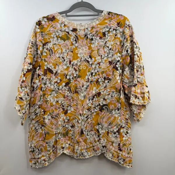 Solitaire Ravi Khosla Embroidered Tunic Womens L Mustard Boho Floral NWT - Image 6
