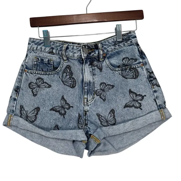 PacSun Womens Butterfly Print Denim Mom Shorts‎ Light Wash Blue Size 27 - Image 2