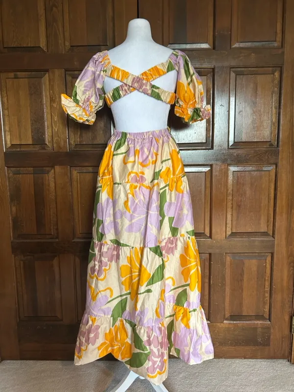 NWT Sabo Skirt Poppi Floral Cutout Tiered Maxi Dress Lavender‎ Orange Medium - Image 3