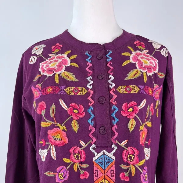 NWOT Johnny Was Anaya Floral-Embroidered Henley Top Tee Long Sleeve T-Shirt M - Image 6