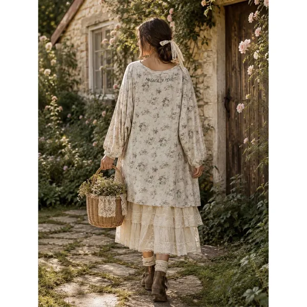 Magnolia Pearl Floral Slub Cotton Oversized Top Women OS Cream Good Distressed - Image 2