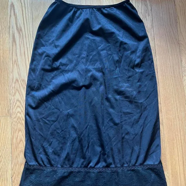 Black Satin Lace Trim Midi Skirt Whimsygoth Vintage Made in USA - Image 3