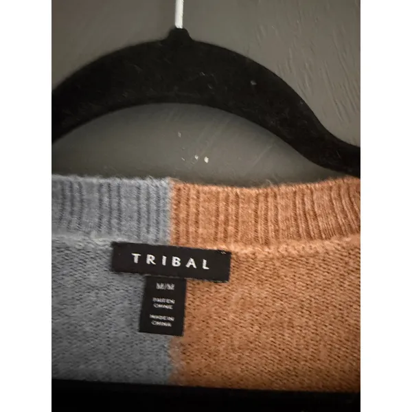Tribal Womens Medium V-Neck Colorblock Knit Sweater Blue Camel‎ Brown Pullover - Image 4