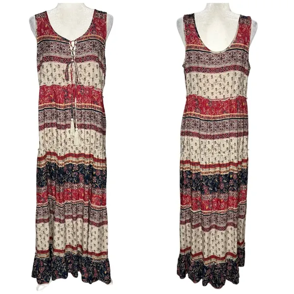 Beach Lunch Lounge Maxi Dress M Tiered Rust Tan Batik Sleeveless Hippie Boho - Image 2