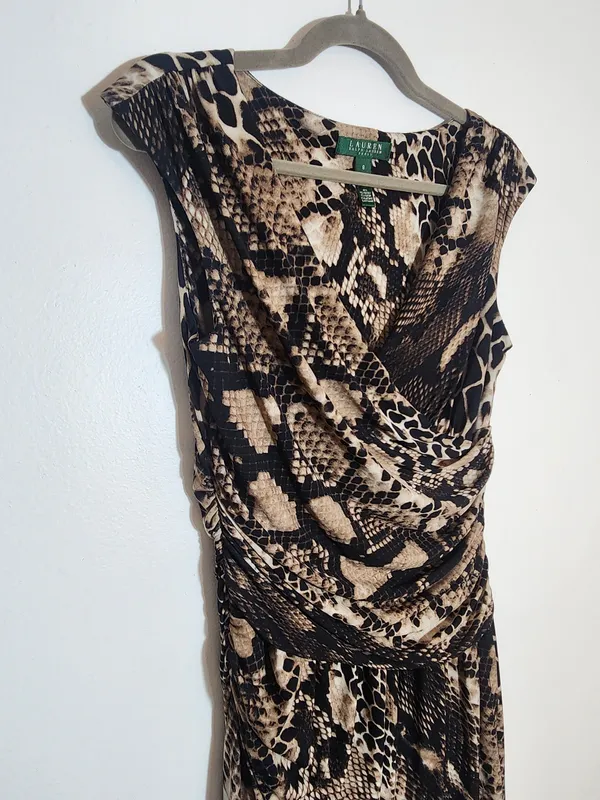 Lauren Ralph Lauren Black and Tan Snakeskin Print Faux Wrap Dress Size 8 - Image 4