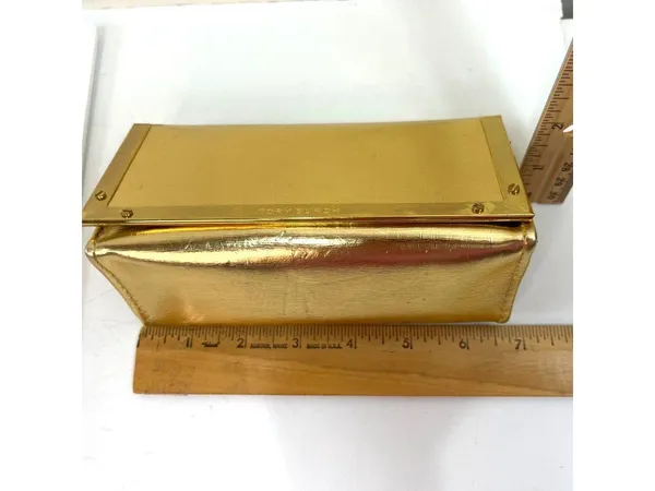 Tory Burch Gold Metallic Leather Cosmetic Case 7" X 3" Rectangular Design 2s - Image 10