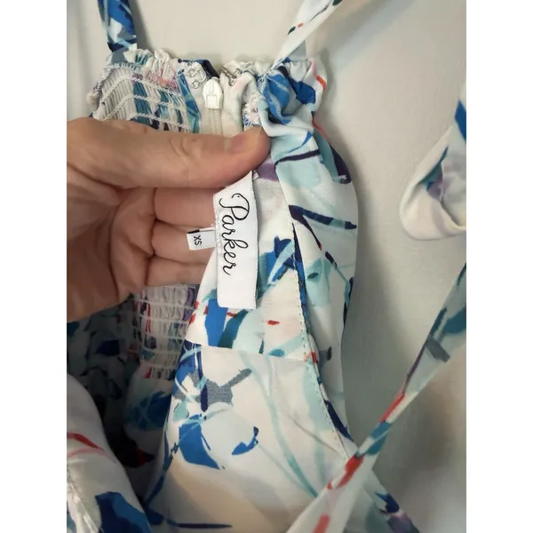 Parker L Nia Dress Blue Multi Flower Pattern Ruffled Front Mini Dress - Image 5