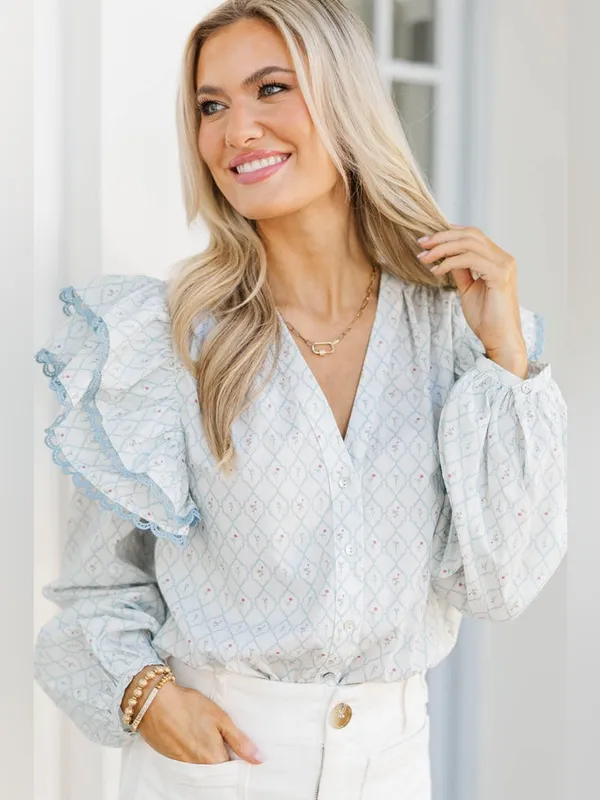 Shop The Mint Rendezvous Medallion Blouse block print top ruffle floral lace - Image 5