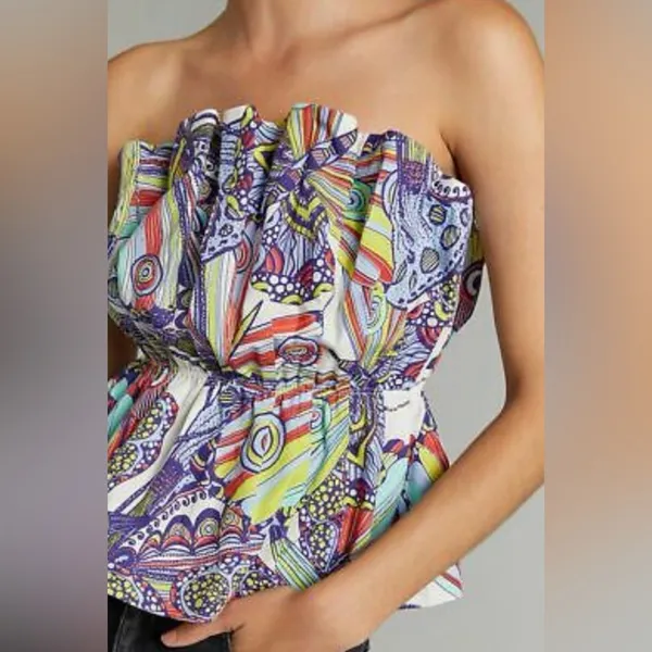 Anthropologie Diana Ruffled Smocked Strapless Tube‎ Top Abstract Print Size XS - Image 4