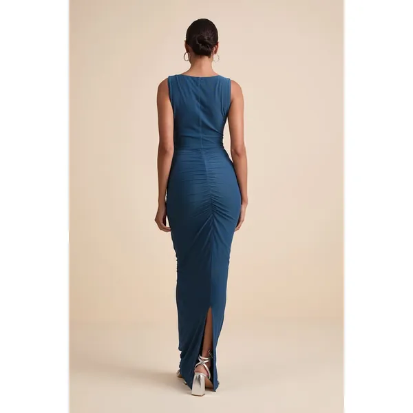 NWT Lulus Aveline Dark Slate Jersey Knit Ruched Bodycon Maxi Dress Bridesmaid S - Image 3