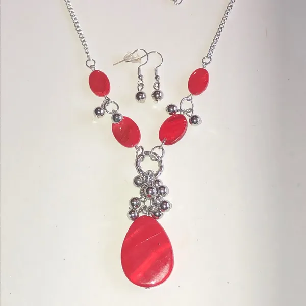 Silver Tone Red Teardrop Pendant Necklace and Earring Set - Image 2