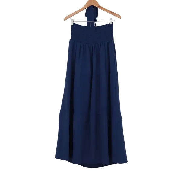 Navy Blue Smocked Halter Maxi Dress Tiered Boho Summer Sun Dress Large - Image 4